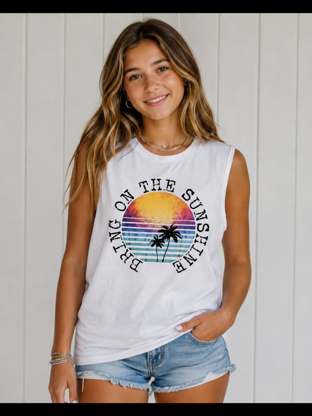 SHEIN White Graphic Muscle Tank with Sunset Palm Print